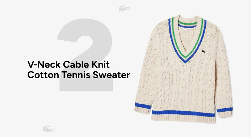 V-Neck Cable Knit Cotton Tennis Sweater