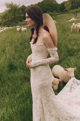 Daughters of Simone Sequoia Lace Off-The-Shoulder Long-Sleeve Mermaid Wedding Gown