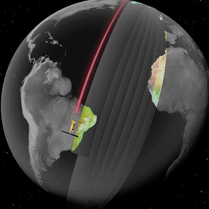 A globe showing South America and Africa. A satellite is shown over South America, with a red beam extending from it and a gray band indicating its path.