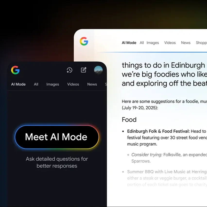 A digital screen displaying two user interfaces. On the left, a dark-themed interface shows a button labeled Meet AI Mode. On the right, a light-themed interface shows a search result page with suggestions for things to do in Edinburgh.