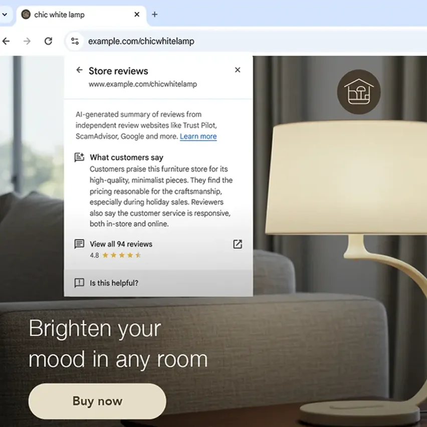A screen displaying a website with a large image of a lamp. A pop-up window overlays the website, showing a store reviews summary. The summary highlights what customers say about the store and a rating of 4.8 out of 5 stars.
