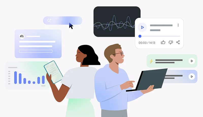 An illustration of a man and woman back-to-back, using a tablet and a laptop respectively, with various user interface elements floating around them. The elements include a search bar, a data graph, an audio waveform, and a video player.