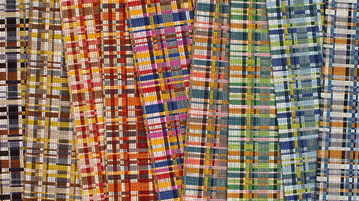 Detail image of multiple colorways of Maharam Stepped Plaid textile by Paul Smith