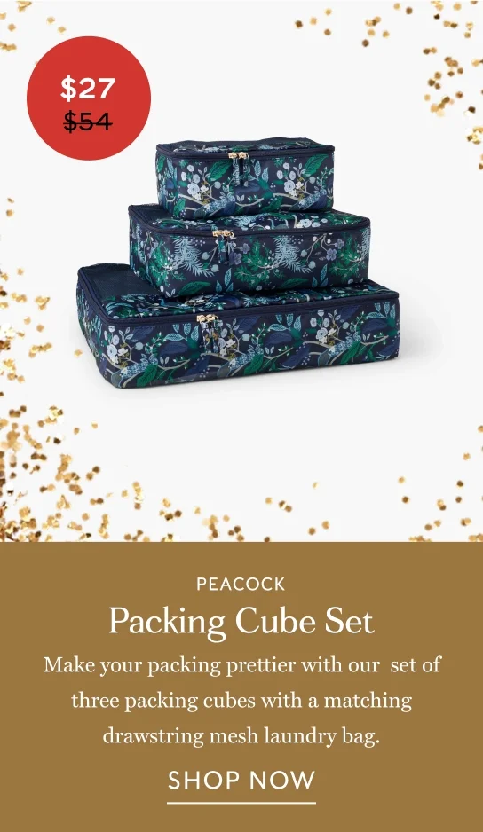 Packing Cube Set Make your packing prettier with our&nbsp; set of three packing cubes with a matching drawstring mesh laundry bag. SHOP NOW