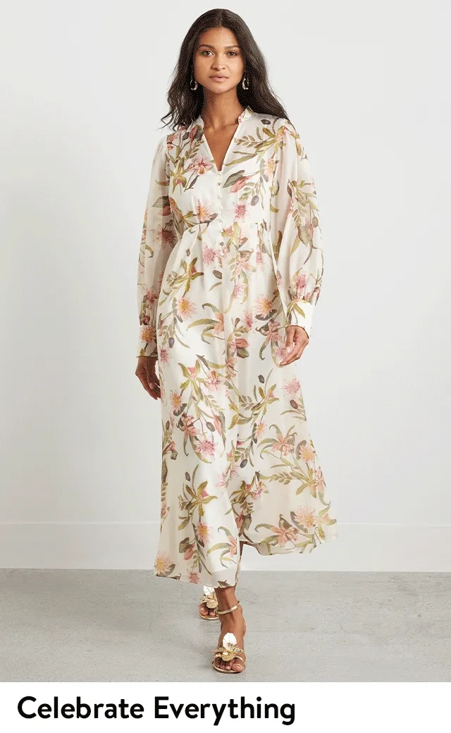 A woman wearing a pleated pink dress. A woman wearing a floral-print maxi dress.