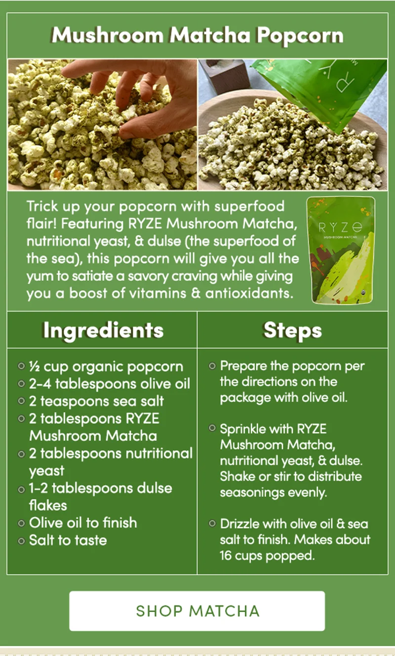 Mushroom Matcha Popcorn | Trick up your popcorn with superfood flair! Featuring RYZE Matcha, nutritional yeast, and dulce (the superfood of the sea), this popcorn will give you all the yum to satiate a savory crave while giving you a boost in vitamins and antioxidants.  Ingredients: ½ cup organic popcorn 2-4 tablespoon olive oil 2 teaspoons sea salt  2 tablespoons Ryze Mushroom Matcha  2 tablespoons nutritional yeast 1-2 tablespoons dulse flakes Olive oil to finish  Salt to taste  Steps: Prepare the popcorn per the directions on the package with olive oil.  Sprinkle with Ryze Mushroom Matcha, nutritional yeast, and dulse. Shake or stir to distribute seasonings evenly.  Drizzle with olive oil and sea salt to finish. Makes about 16 cups popped. | Shop Matcha