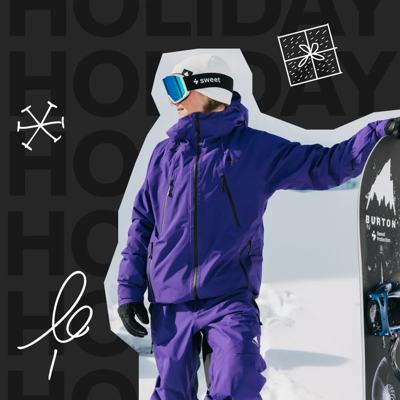 Snowboarder wearing Burton Reserve Outerwear in purple with the text holiday in the background